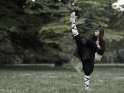 Kung Fu Kmpferin bei einem Tritt auf einer Wiese mit Bumen im Hintergrund