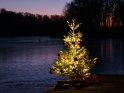 Weihnachtsbaum mit darunter liegenden Geschenken auf einem Steg am zugefrorenen Wendebachstausee, südlich von Göttingen. Im Hintergrund sind auf dem Eis und zwischen den Bäumen noch die letzten Reste des Sonnenuntergangs zu sehen.