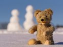 Teddybär im Schnee mit Schneebären im Hintergrund