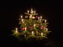 Komplett mit alter Deko geschmückter und mit echten Kerzen beleuchteter Weihnachtsbaum